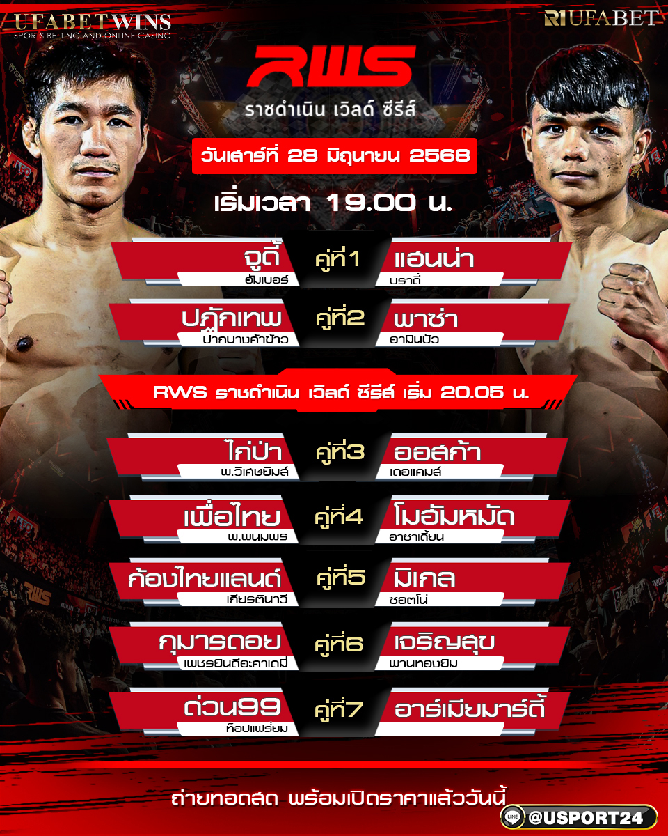 โปรแกรมมวย ประจำวันที่ 28 มิถุนายน 2568 ศึกราชดำเนินเวิร์ดซีรีส์