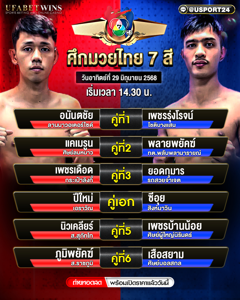 โปรแกรมมวย ประจำวันที่ 29 มิถุนายน 2568 ศึกมวยไทย 7 สี