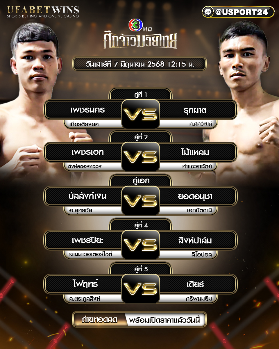 โปรแกรมมวย ประจำวันที่ 7 มิถุนายน 2568 ศึกจ้าวมวยไทย