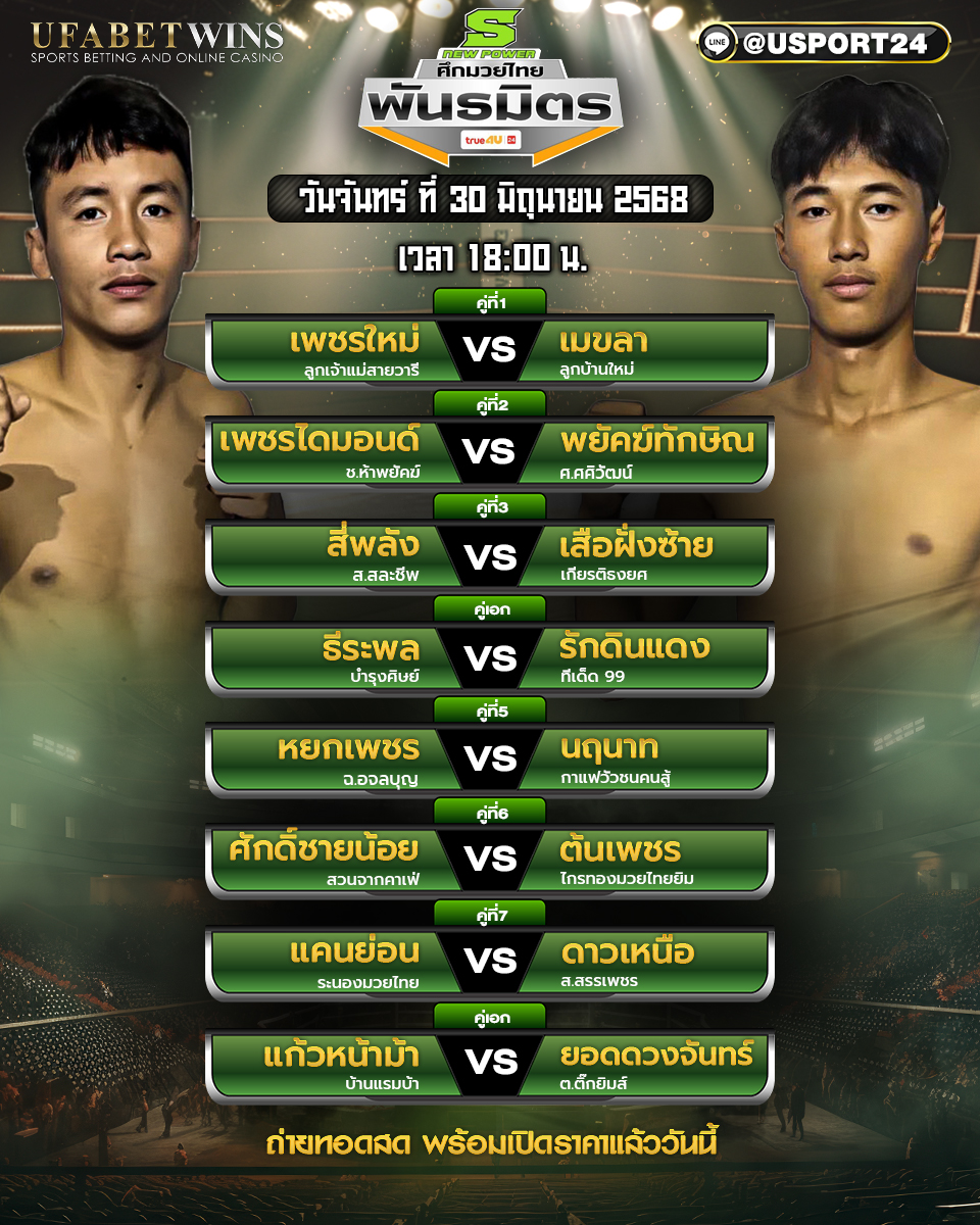 โปรแกรมมวย ประจำวันที่ 30 มิถุนายน 2568 ศึกมวยไทยพันธมิตร