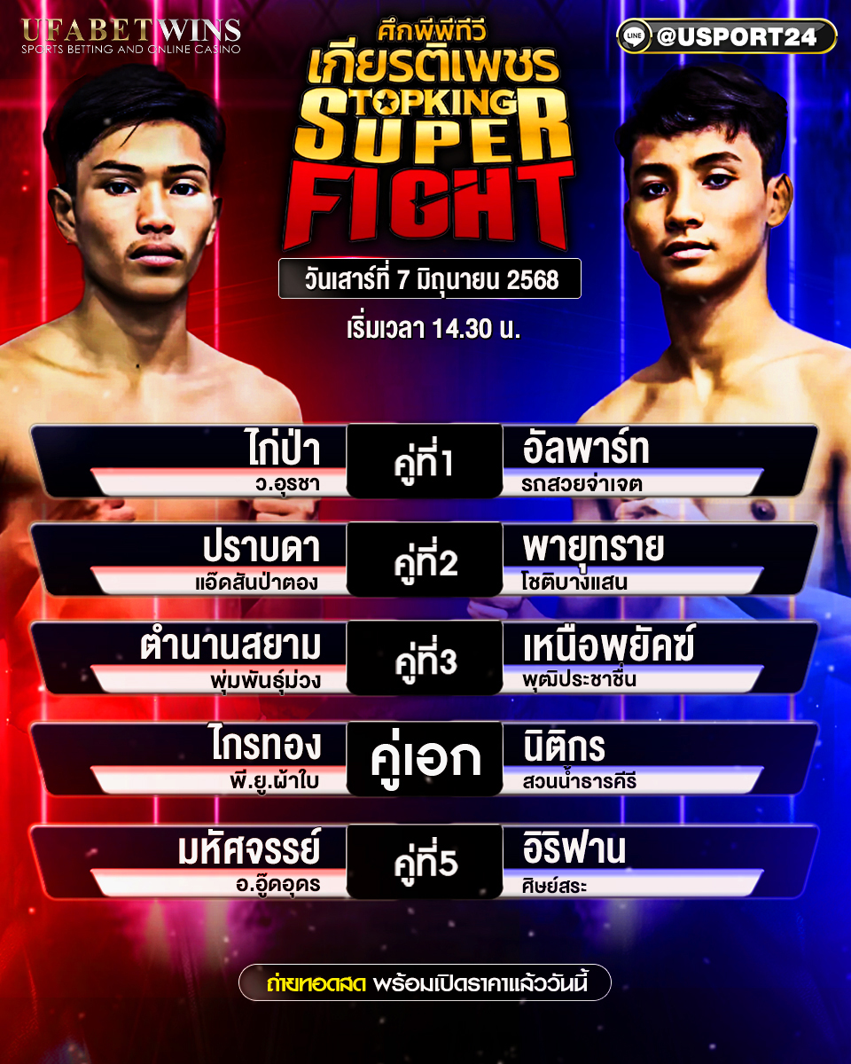 โปรแกรมมวย ประจำวันที่ 7 มิถุนายน 2568 ศึกมวยไทยเกียรติเพชร