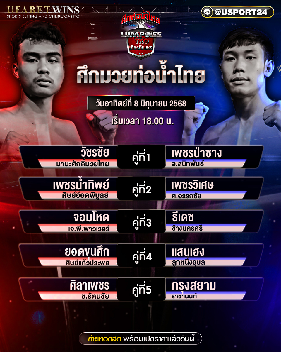 โปรแกรมมวย ประจำวันที่ 8 มิถุนายน 2568 ศึกท่อน้ำไทยTKOเกียรติเพชร