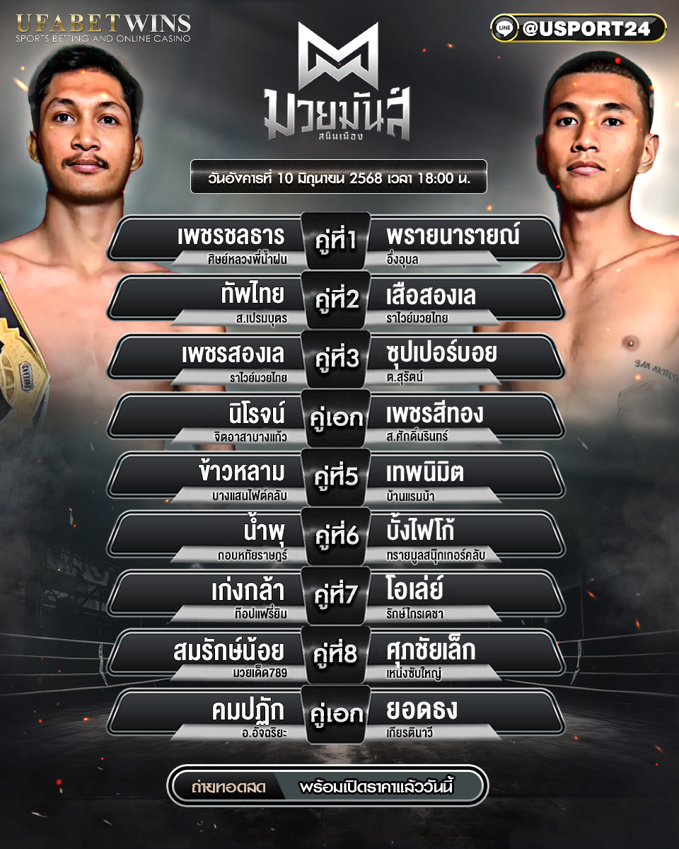 โปรแกรมมวย ประจำวันที่ 10 มิถุนายน 2568 ศึกมวยมันส์สนั่นเมือง 