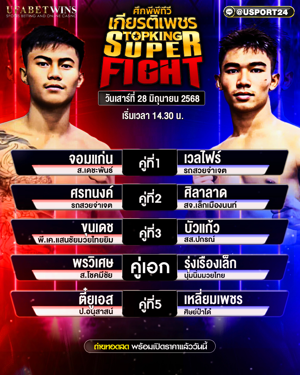 โปรแกรมมวย ประจำวันที่ 28 มิถุนายน 2568 ศึกมวยไทยเกียรติเพชร