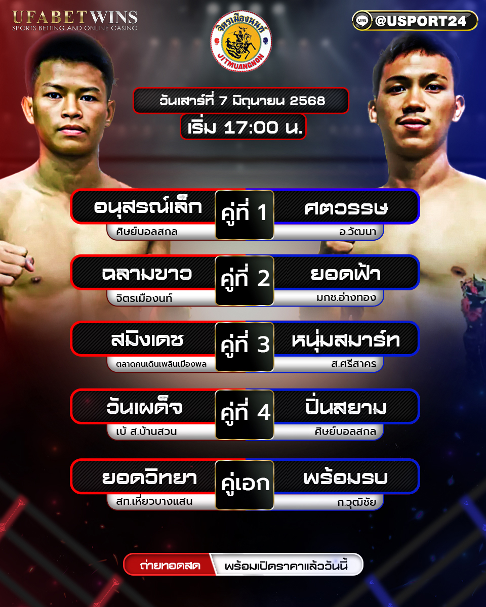 โปรแกรมมวย ประจำวันที่ 7 มิถุนายน 2568 ศึกจิตรเมืองนนท์