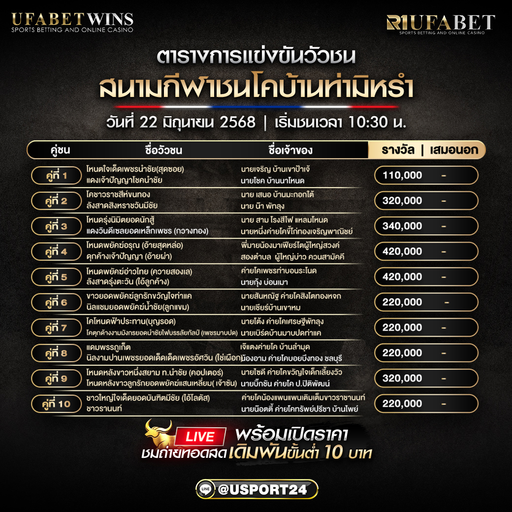 โปรเเกรมวัวชน ประจำวันที่ 22/06/2568 สนามกีฬาชนโคบ้านท่ามิหรา