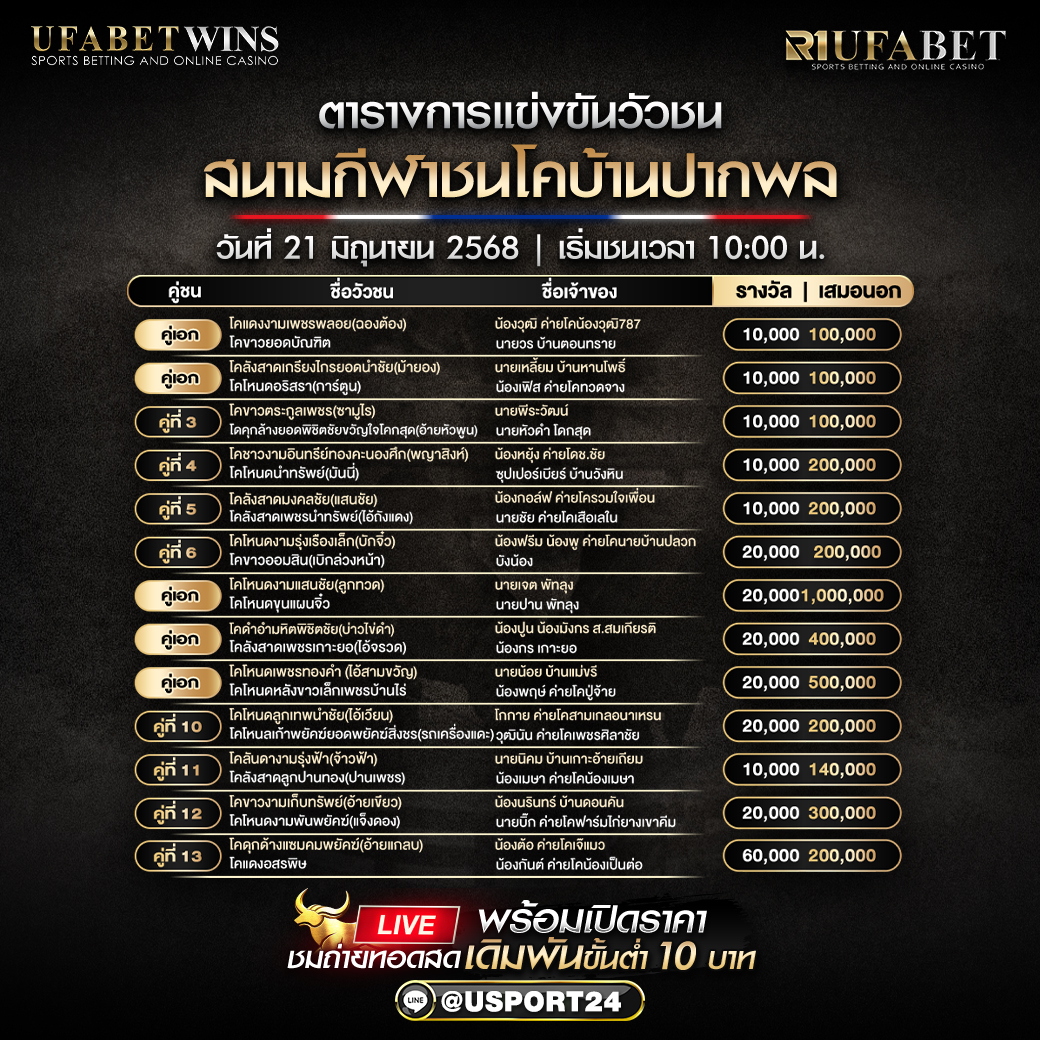 โปรเเกรมวัวชน ประจำวันที่ 21 มิถุนายน 2568 สนามกีฬาชนโคบ้านปากพล