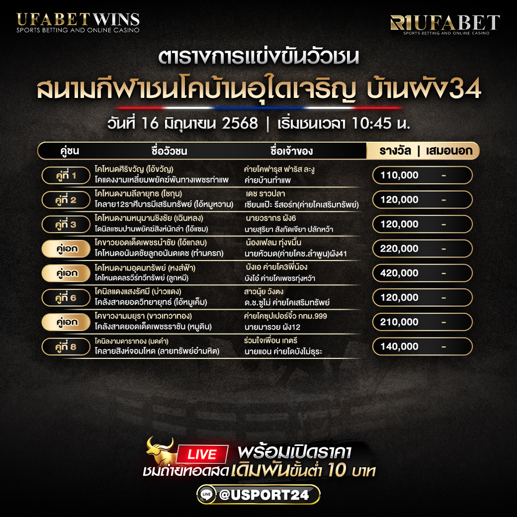 โปรเเกรมวัวชน ประจำวันที่ 16 มิถุนายน 2568 สนามทีฝ้าชนโศบ้านอุโตเจริญ