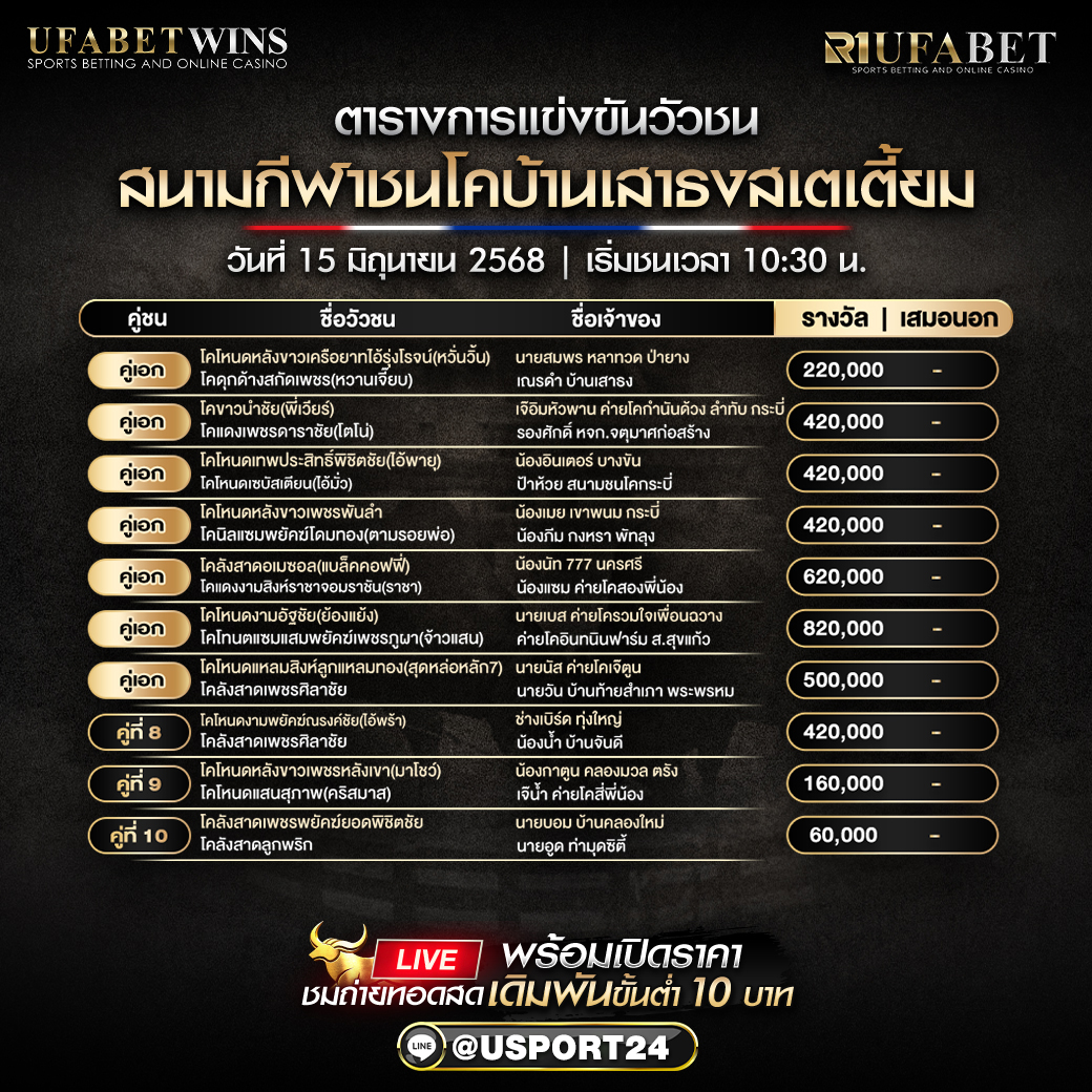 โปรเเกรมวัวชน ประจำวันที่ 15 มิถุนายน 2568 สนามกีฬาชนโคบ้านเสาธงสเตเตี้ยม