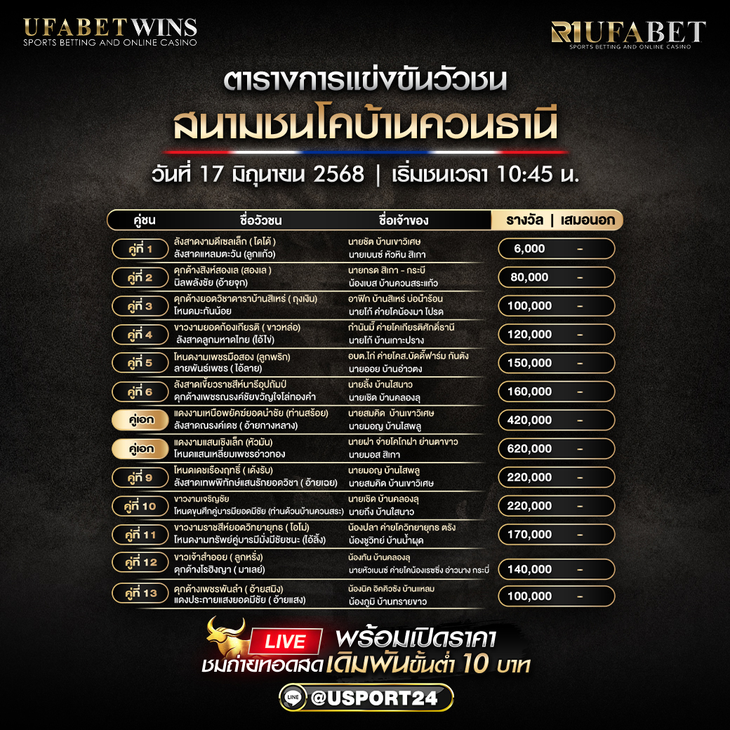 โปรเเกรมวัวชน ประจำวันที่ 17 มิถุนายน 2568 สนามชนโคบ้านควนธานี