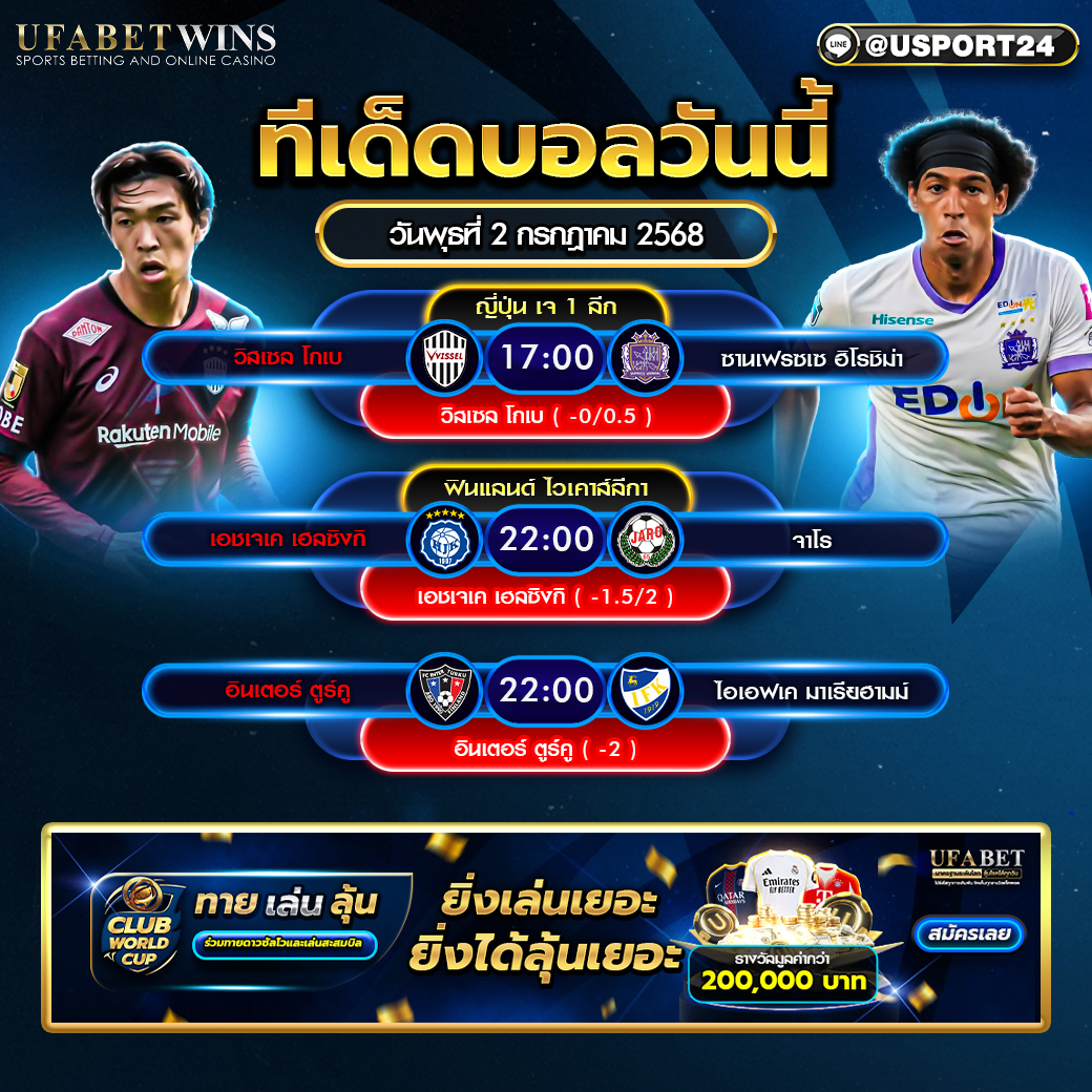 โปรแกรมบอล เเละทีเด็ดฟุตบอล ประจำวันที่ 2 กรกฎาคม 2568