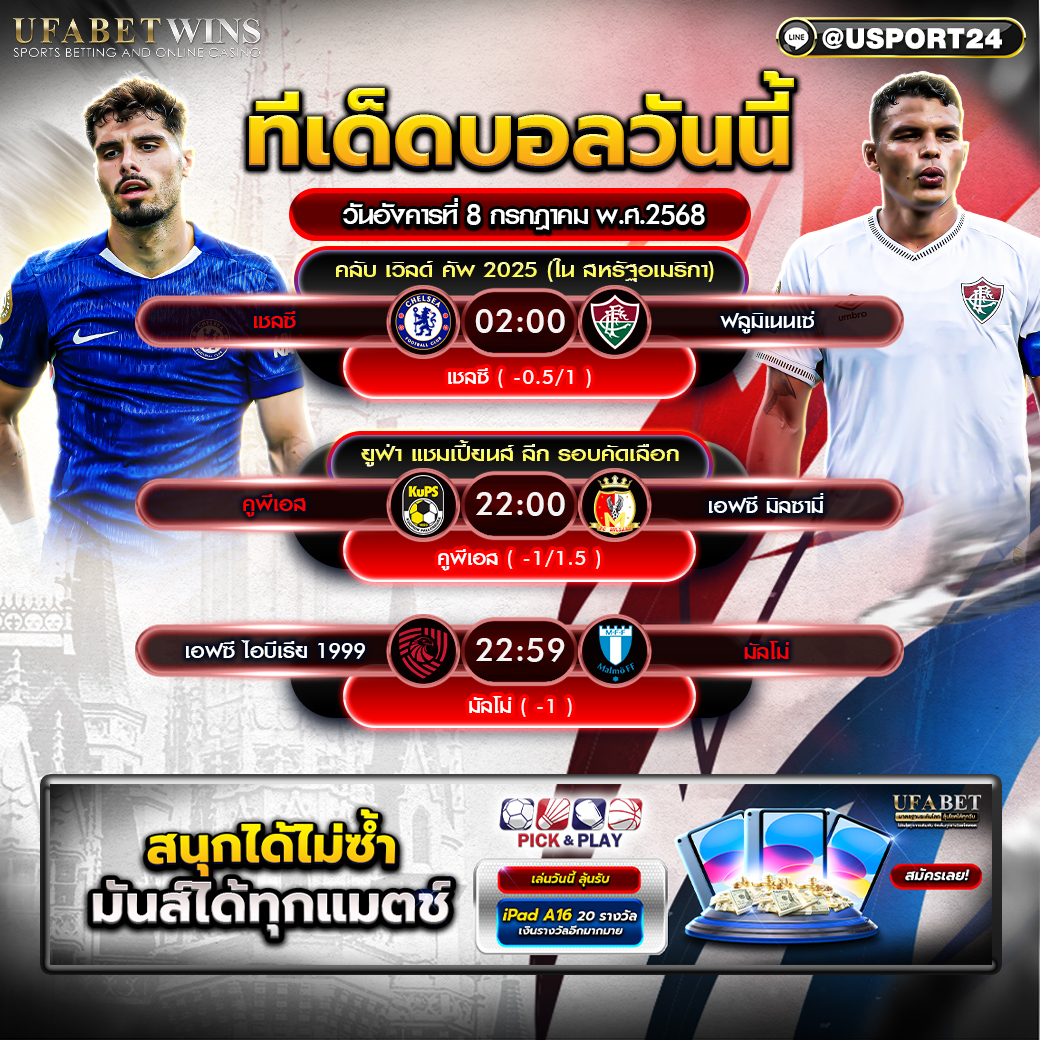 โปรแกรมบอล เเละทีเด็ดฟุตบอล ประจำวันที่ 8 กรกฎาคม 2568