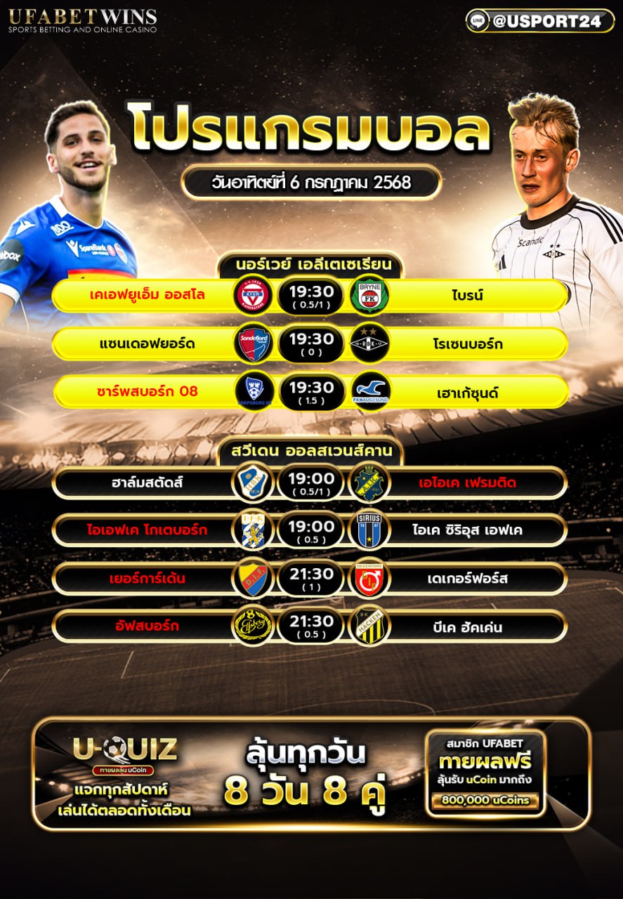 โปรแกรมบอล เเละทีเด็ดฟุตบอล ประจำวันที่ 6 กรกฎาคม 2568