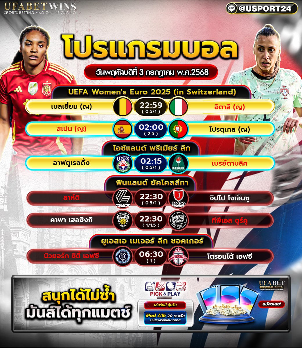 โปรแกรมบอล เเละทีเด็ดฟุตบอล ประจำวันที่ 3 กรกฎาคม 2568