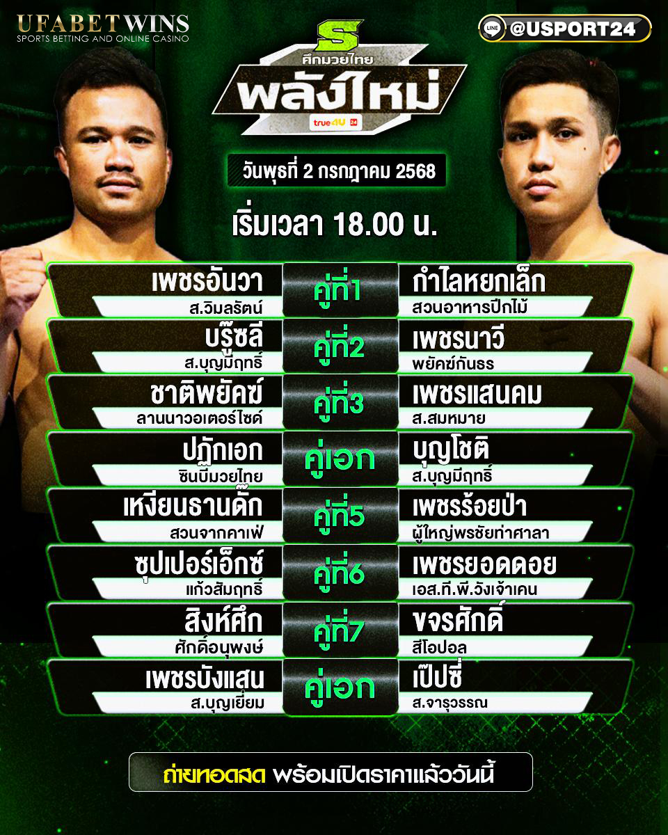 โปรแกรมมวย ประจำวันที่ 2 กรกฎาคม 2568 ศึกมวยไทยพลังใหม่