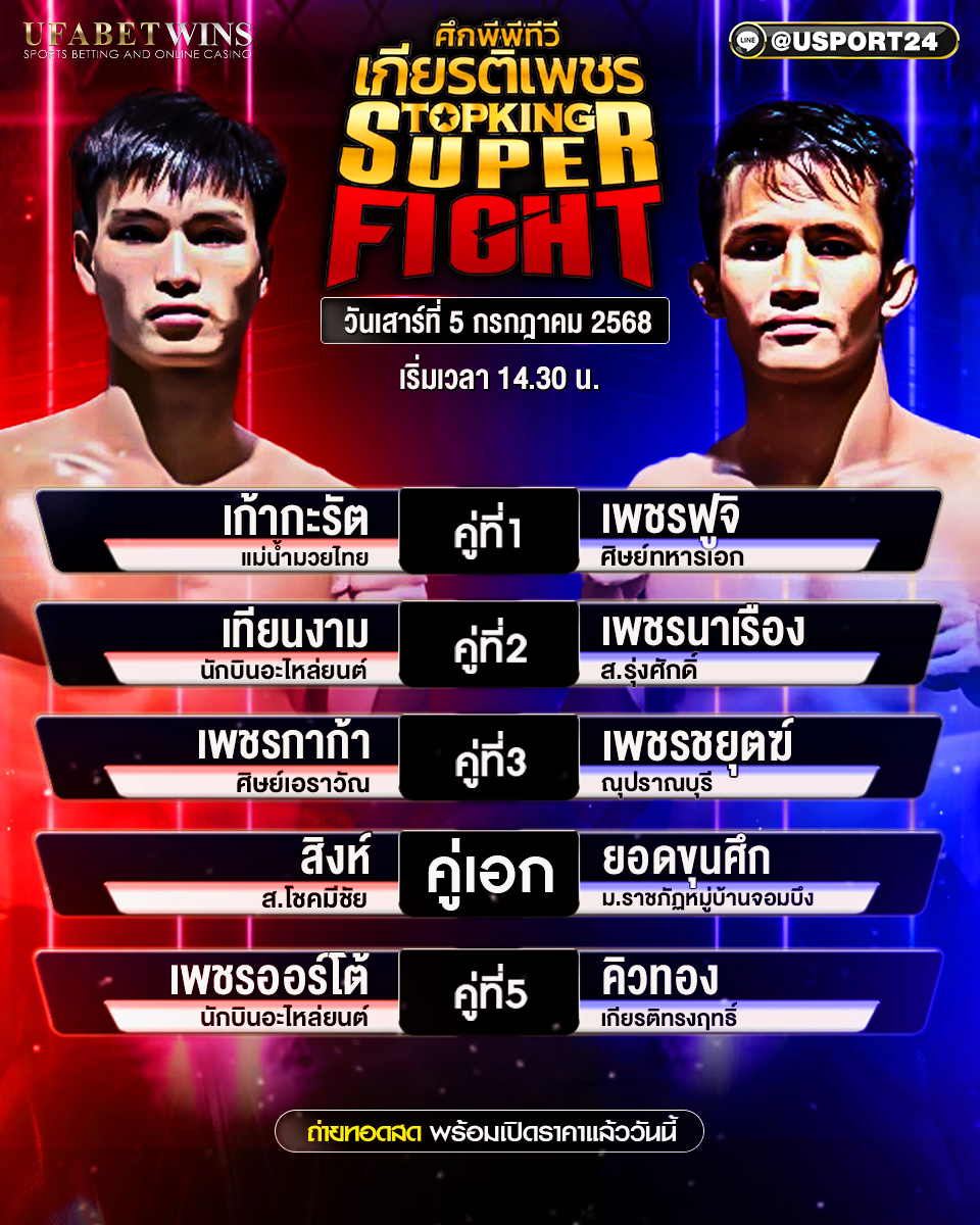 โปรแกรมมวย ประจำวันที่ 5 กรกฎาคม 2568 ศึกมวยไทยเกียรติเพชร