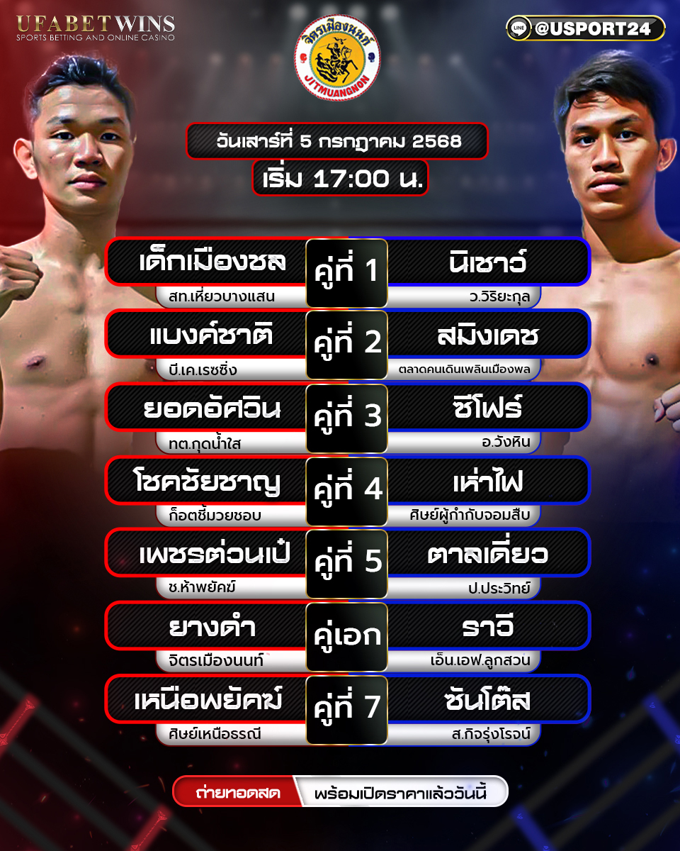 โปรแกรมมวย ประจำวันที่ 5 กรกฎาคม 2568 ศึกจิตรเมืองนนท์