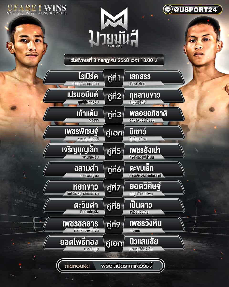 โปรแกรมมวย ประจำวันที่ 8 กรกฎาคม 2568 ศึกมวยมันส์สนั่นเมือง