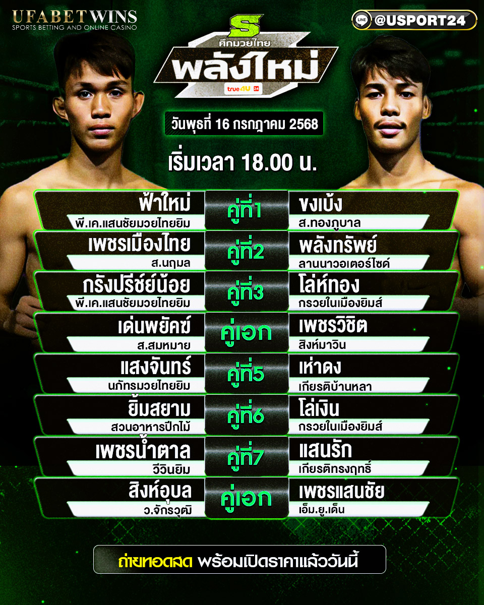 โปรแกรมมวย ประจำวันที่ 16 กรกฎาคม 2568 ศึกมวยไทยพลังใหม่