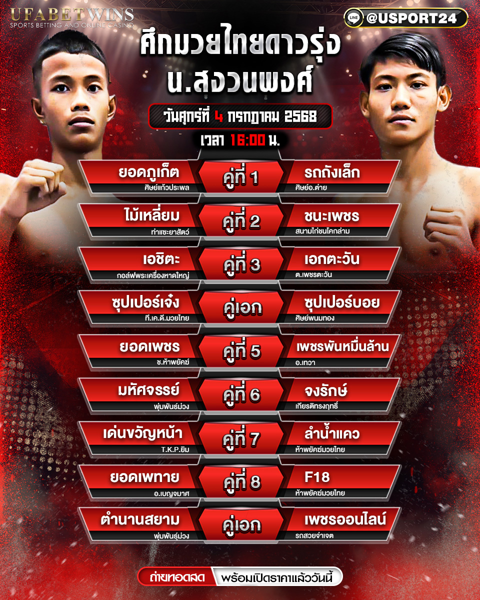 โปรแกรมมวย ประจำวันที่ 4 กรกฎาคม 2568 ศึกดาวรุ่ง น.สงวนพงศ์