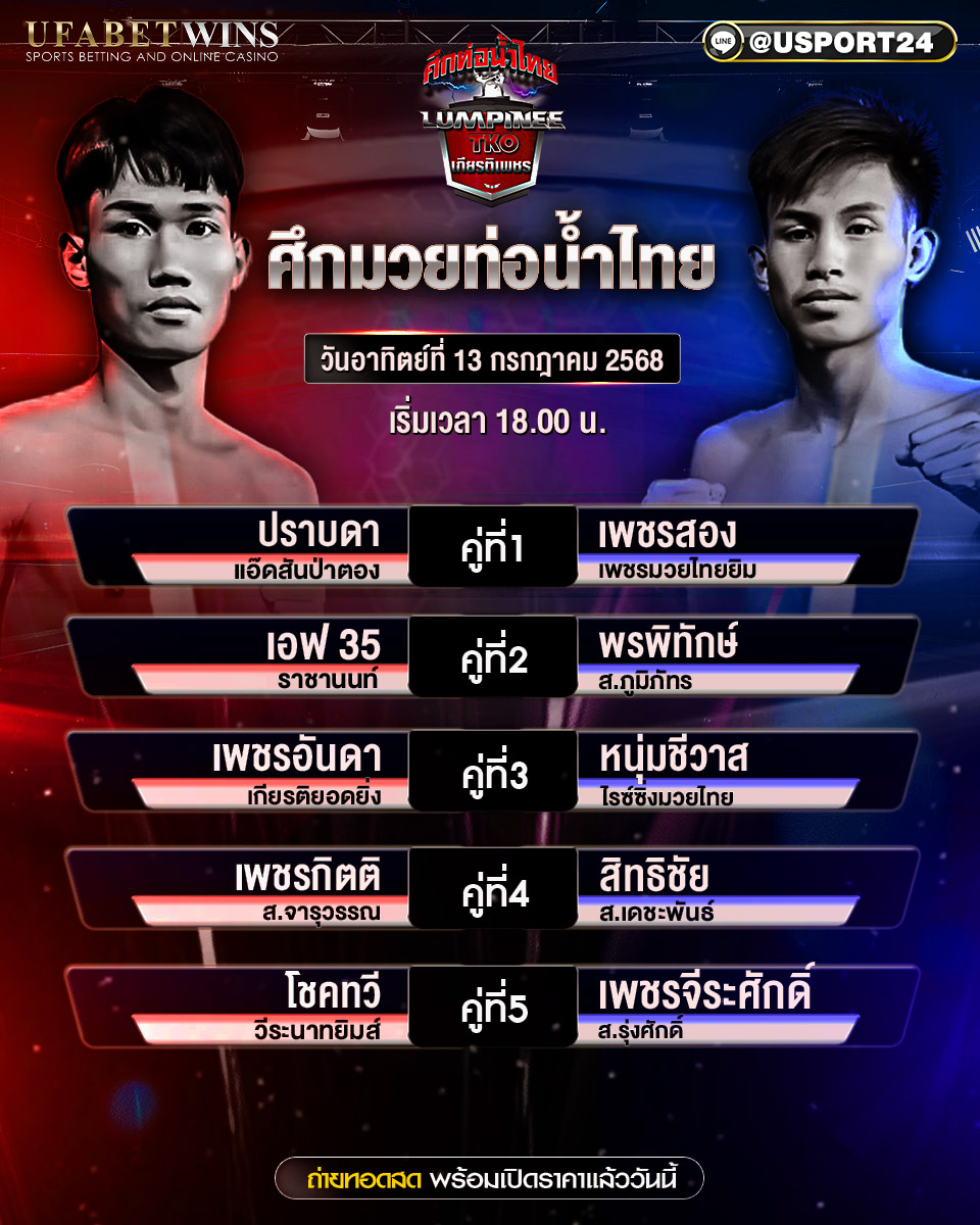 โปรแกรมมวย ประจำวันที่ 13 กรกฎาคม 2568 ศึกท่อน้ำไทยเกียรติเพชร