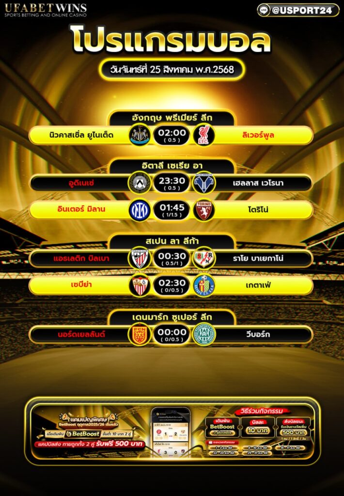 โปรแกรมบอล เเละทีเด็ดฟุตบอล ประจำวันที่ 25 สิงหาคม 2568