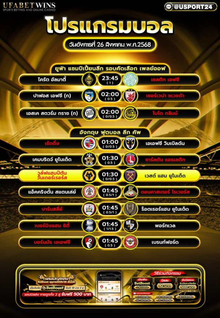 โปรแกรมบอล เเละทีเด็ดฟุตบอล ประจำวันที่ 26 สิงหาคม 2568