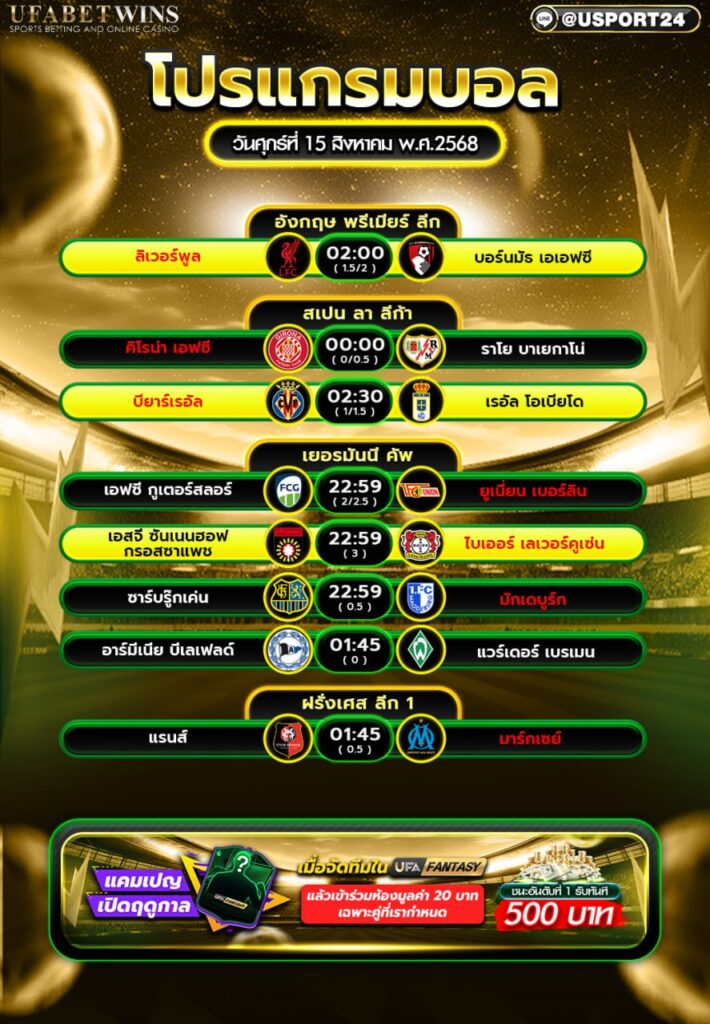 โปรแกรมบอล เเละทีเด็ดฟุตบอล ประจำวันที่ 15 สิงหาคม 2568