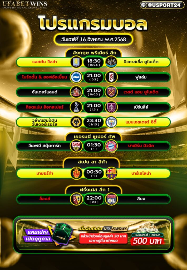 โปรแกรมบอล เเละทีเด็ดฟุตบอล ประจำวันที่ 16 สิงหาคม 2568