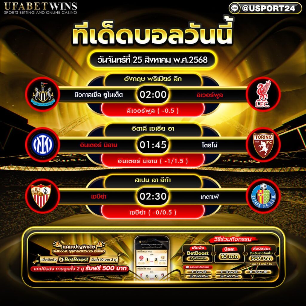 โปรแกรมบอล เเละทีเด็ดฟุตบอล ประจำวันที่ 25 สิงหาคม 2568