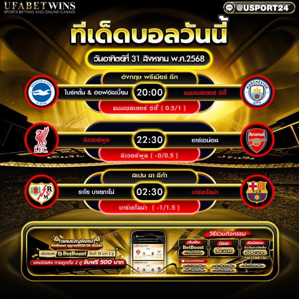 โปรแกรมบอล เเละทีเด็ดฟุตบอล ประจำวันที่ 31 สิงหาคม 2568