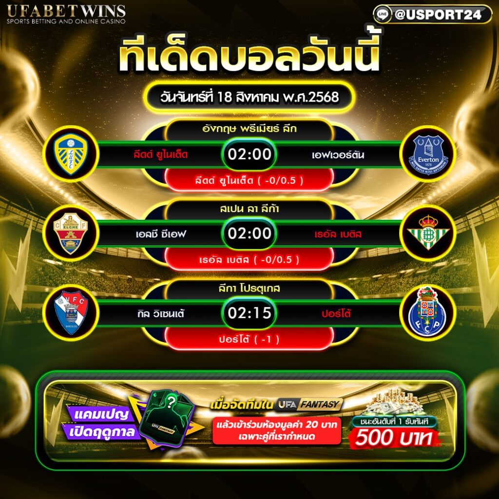 โปรแกรมบอล เเละทีเด็ดฟุตบอล ประจำวันที่ 18 สิงหาคม 2568