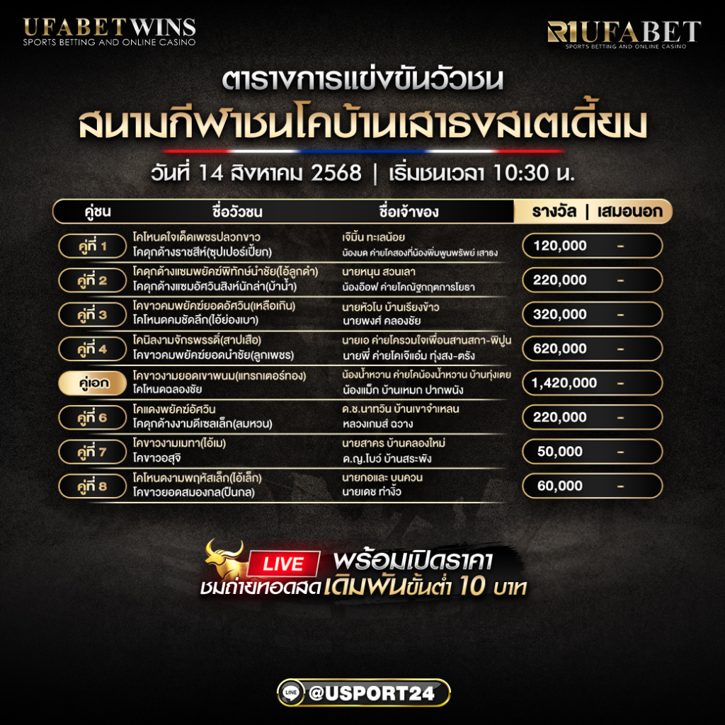 โปรแกรมวัวชน วันที่ 14 สิงหาคม 68 | สนามกีฬาชนโคบ้านเสาธงสเตเดี้ยม