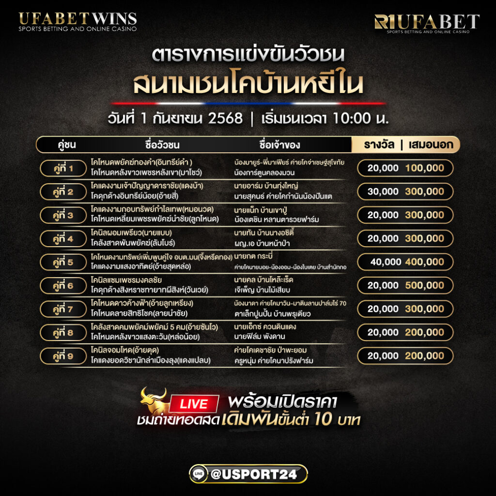 โปรแกรมวัวชน วันที่ 1 กันยายน 2568 | สนามชนโคบ้านหยีใน