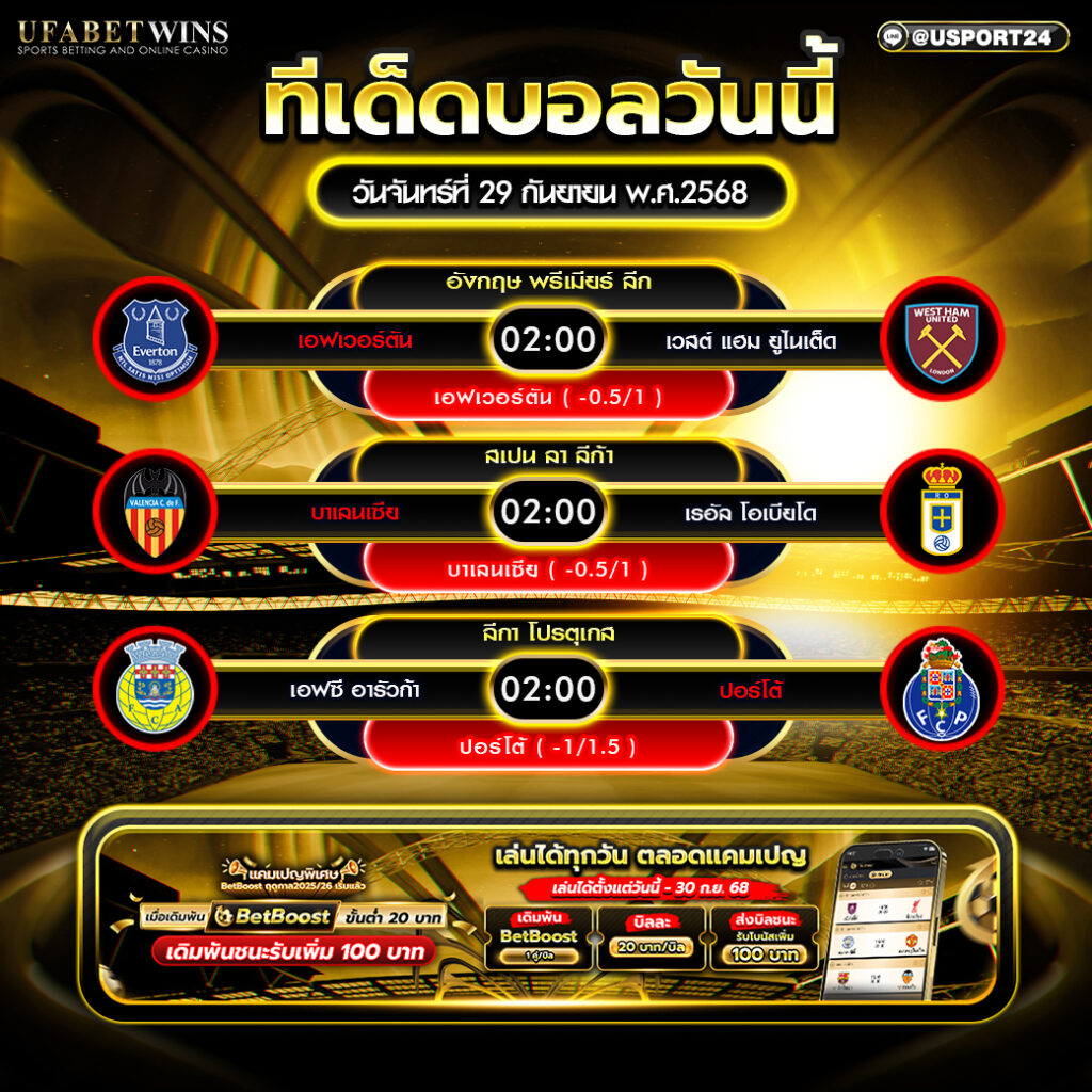 โปรแกรมฟุตบอล ประจำวันที่ 29 กันยายน 2568