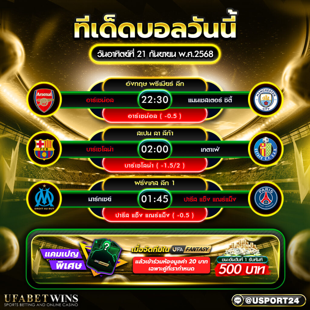 โปรแกรมฟุตบอล ประจำวันที่ 21 กันยายน 2568