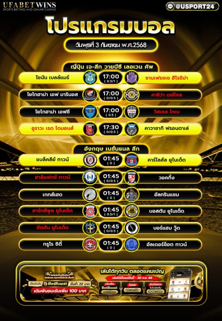 โปรแกรมบอล เเละทีเด็ดฟุตบอล ประจำวันที่ 3 กันยายน 2568