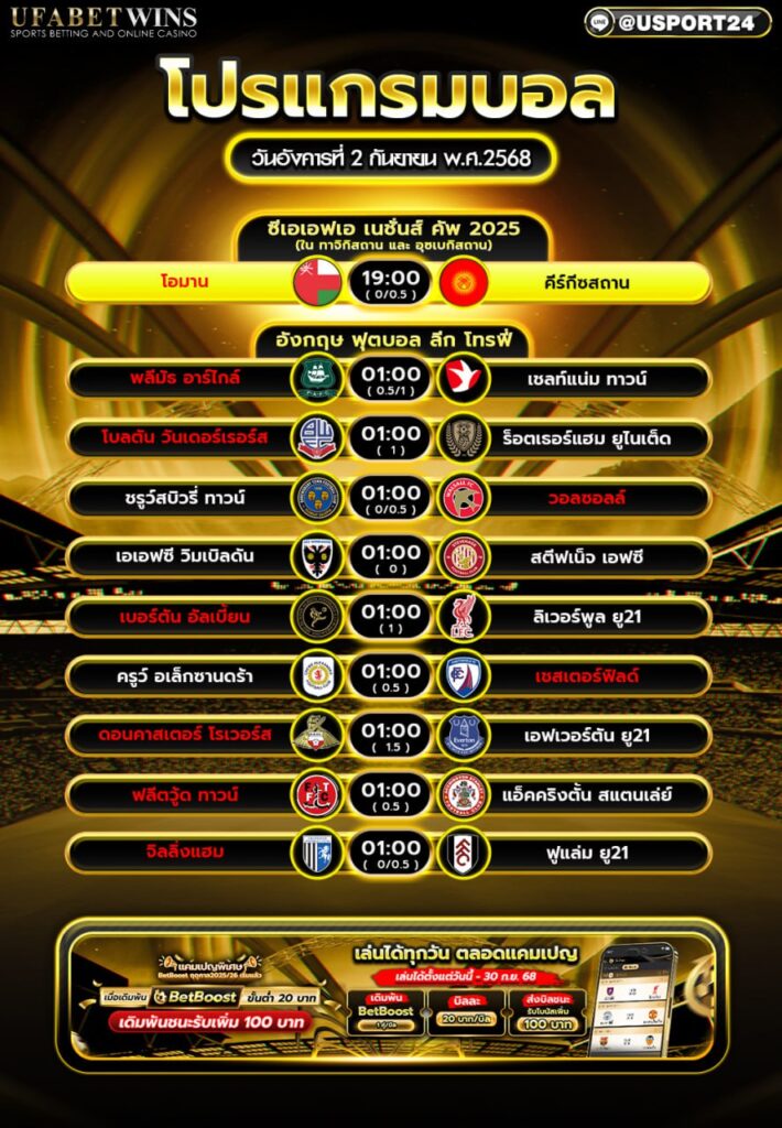 โปรแกรมบอล เเละทีเด็ดฟุตบอล ประจำวันที่ 2 กันยายน 2568