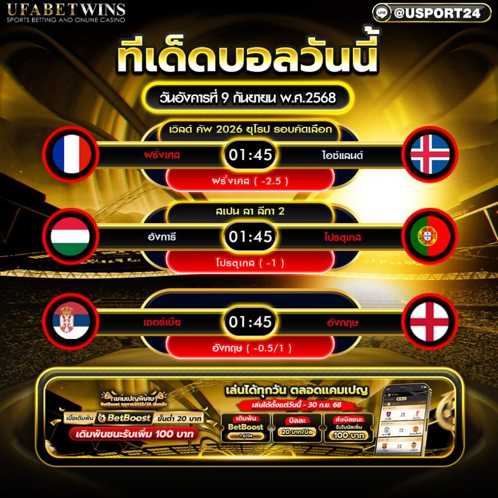 โปรแกรมฟุตบอล ประจำวันที่ 9 กันยายน 2568
