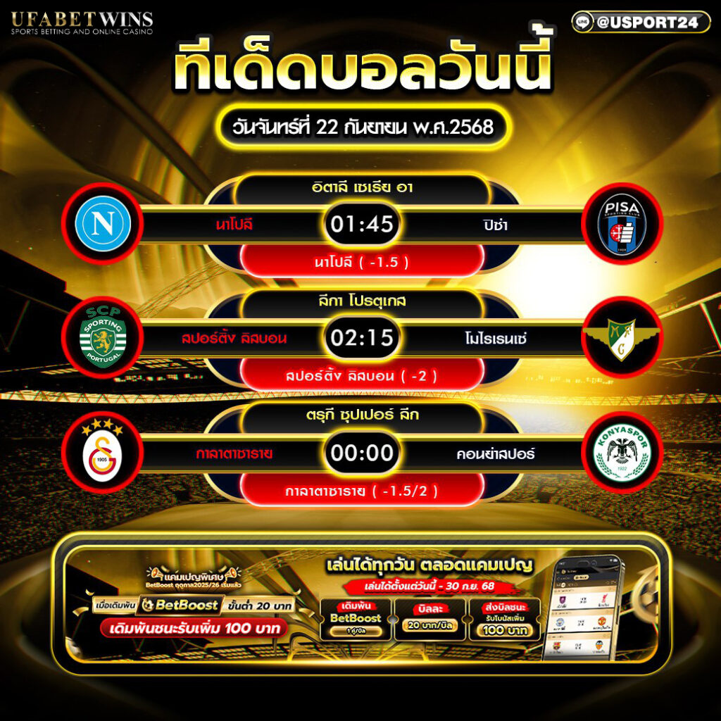โปรแกรมฟุตบอล ประจำวันที่ 22 กันยายน 2568