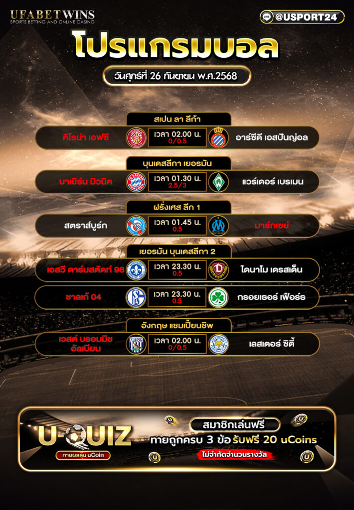 โปรแกรมฟุตบอล ประจำวันที่ 26 กันยายน 2568
