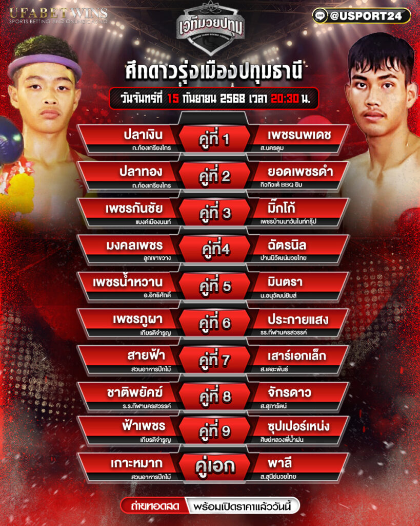 โปรแกรมมวย ประจำวันที่ 15 กันยายน 2568 | ศึกดาวรุ่งเมืองปทุมธานี