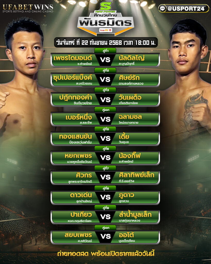 โปรแกรมมวย ประจำวันที่ 22 กันยายน 2568 | ศึกมวยไทยพันธมิตร