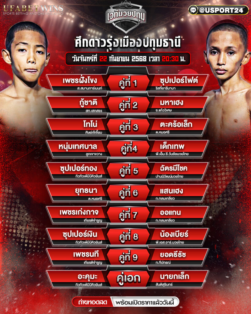 โปรแกรมมวย ประจำวันที่ 22 กันยายน 2568 | ศึกดาวรุ่งเมืองปทุมธานี