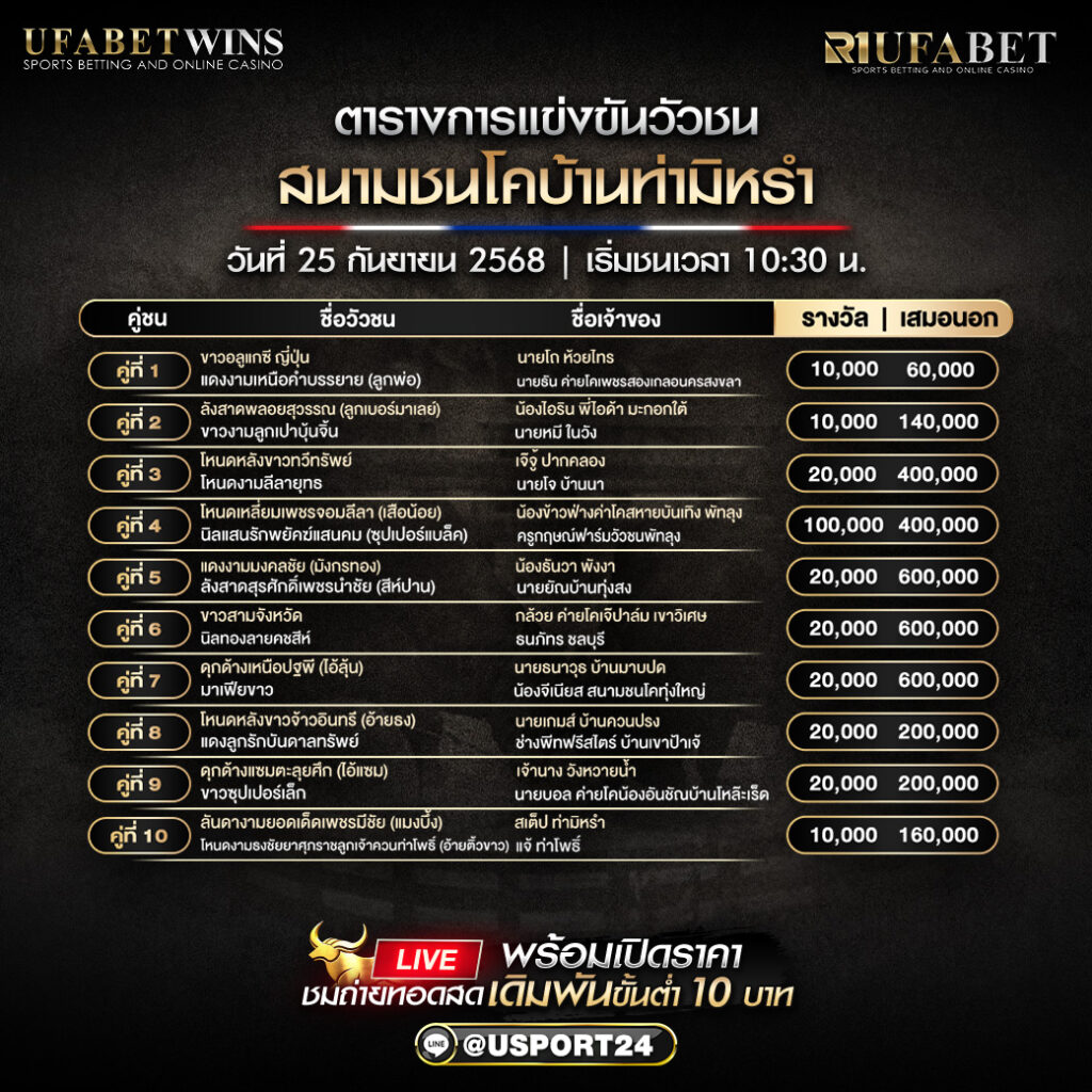 โปรแกรมวัวชน วันที่ 25 กันยายน 2568 | สนามชนโคบ้านท่ามิหรำ