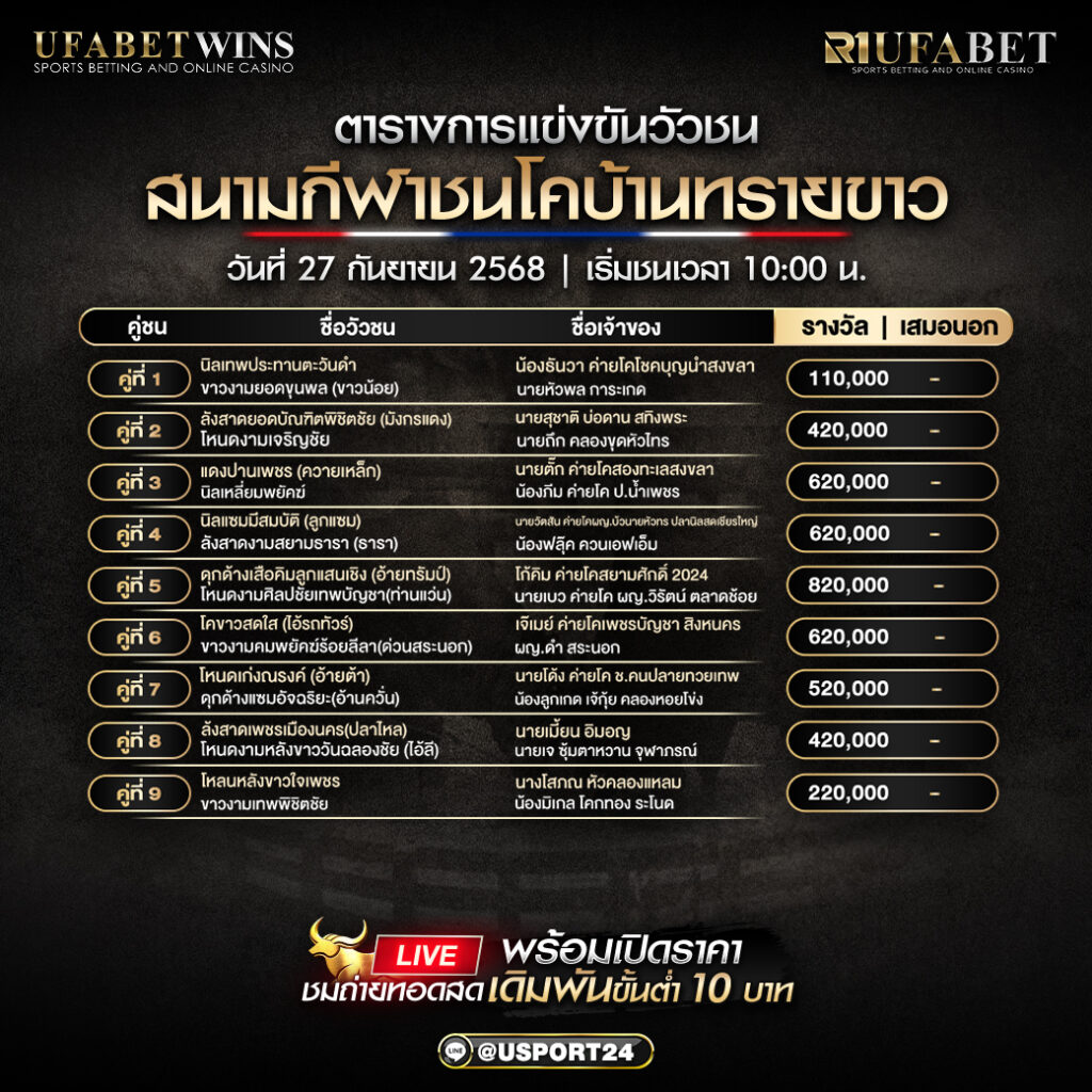 โปรแกรมวัวชน วันที่ 27 กันยายน 2568 | สนามกีฬาชนโคบ้านทรายขาว