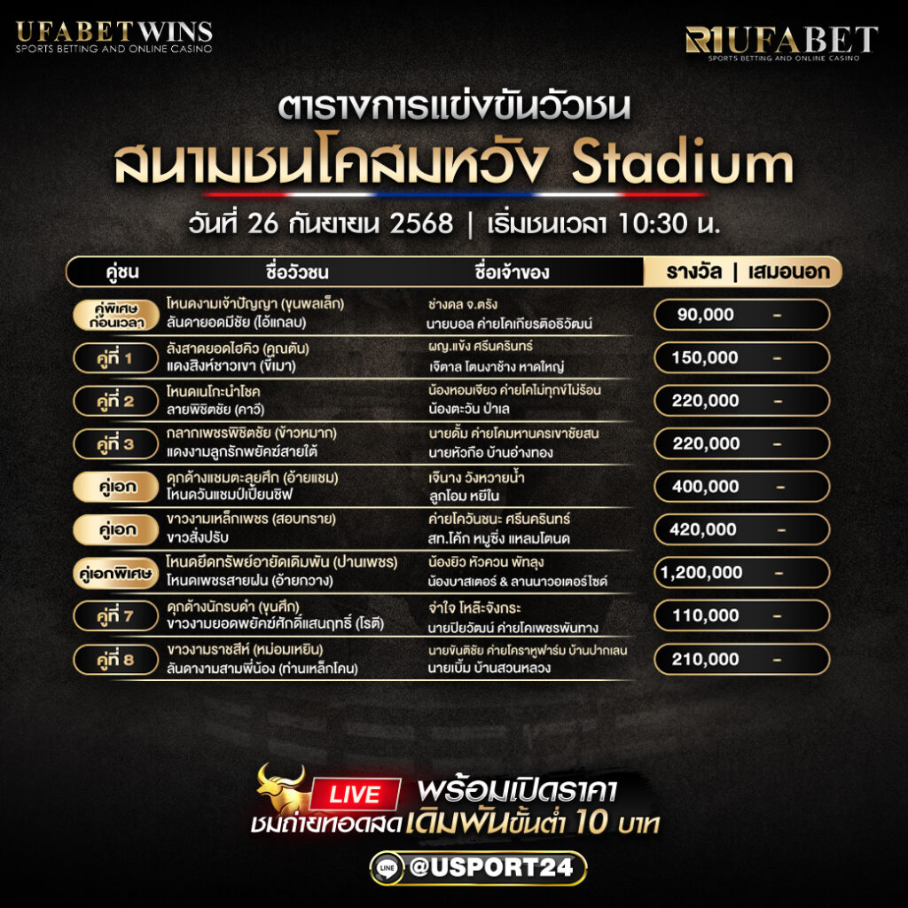 โปรแกรมวัวชน วันที่ 26 กันยายน 2568 | สนามชนโคสมหวัง Stadium