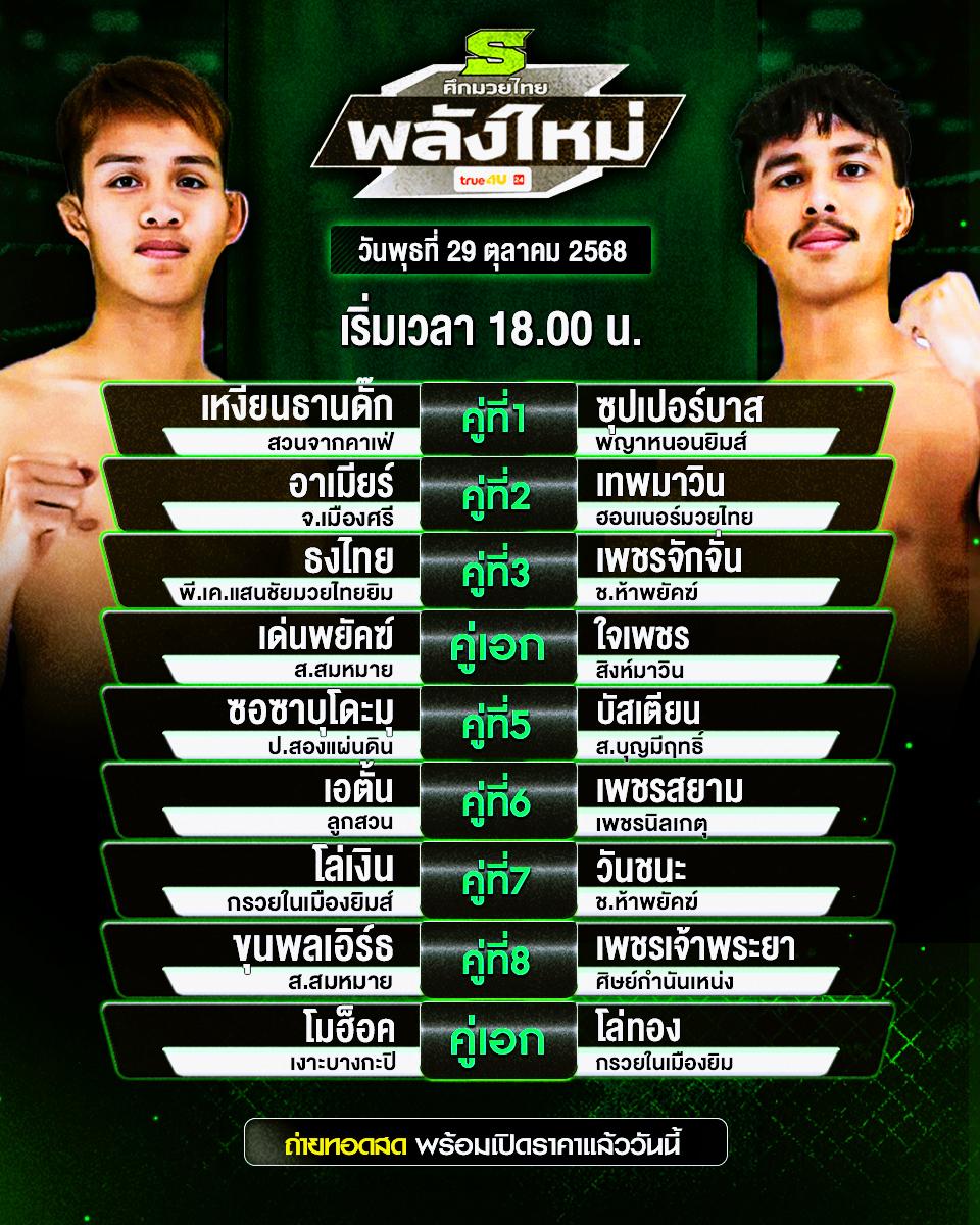 โปรแกรมมวย ศึกมวยไทยพลังใหม่ ราชดำเนิน | วันที่ 29 ตุลาคม 2568 เวลา 18:00 น.