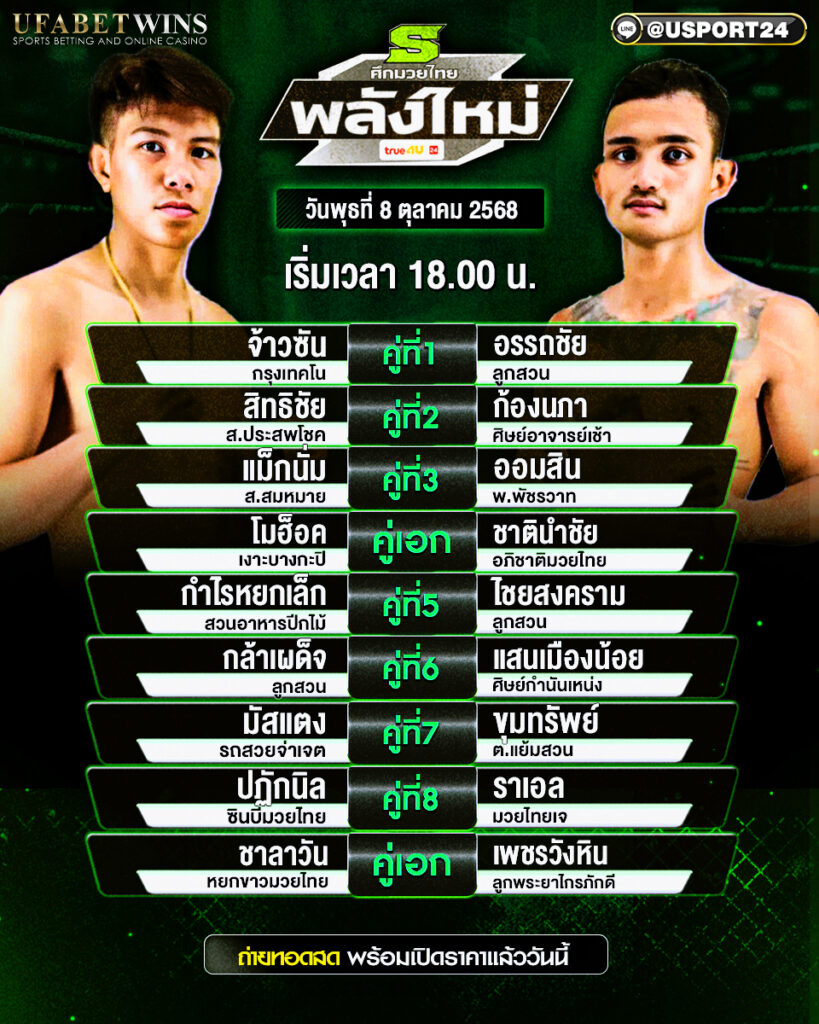 โปรแกรมมวย ประจำวันที่ 8 ตุลาคม 2568 | ศึกมวยไทยพลังใหม่