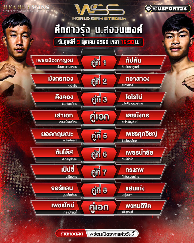 โปรแกรมมวย ประจำวันที่ 3 ตุลาคม 2568 | ศึกดาวรุ่ง น.สงวนพงศ์ 